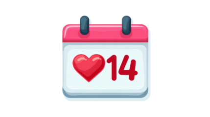 Valentine’s Day calendar icon highlighting February 14, flat clean design, isolated on a white background