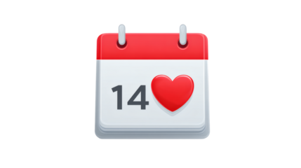 Valentine’s Day calendar icon highlighting February 14, flat clean design, isolated on a white background