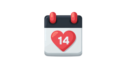 Valentine’s Day calendar icon highlighting February 14, flat clean design, isolated on a white background