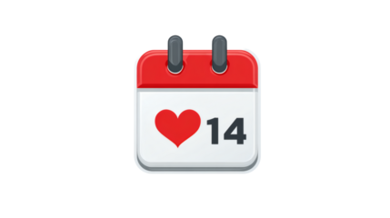 Valentine’s Day calendar icon highlighting February 14, flat clean design, isolated on a white background