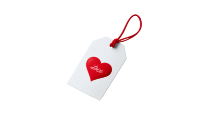 Valentine’s Day shopping tag with heart icon, retail branding element, isolated on a white background