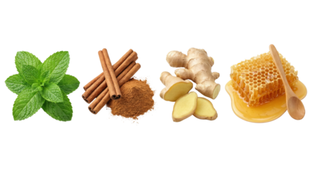 Natural Remedy Ingredients: Mint, Cinnamon, Ginger, and Honeycomb
