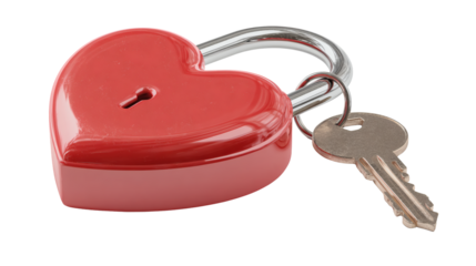 Heart shaped lock with key beside it, relationship trust concept, isolated on a white background