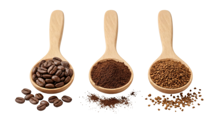Three Wooden Spoons With Coffee Beans, Ground Coffee, And Instant Coffee