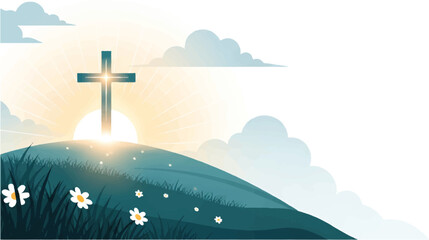 Serene landscape with cross on hill at sunrise surrounded by flowers