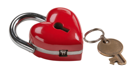 Heart shaped lock with key beside it, relationship trust concept, isolated on a white background