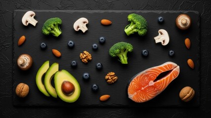 Assortment of healthy superfoods for balanced nutrition: fresh salmon, avocado, broccoli, mushrooms, blueberries, and nuts on dark stone.