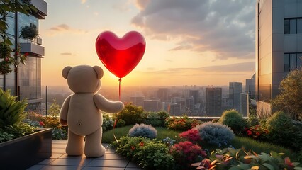 Plush bear holds a red heart balloon, overlooking a cityscape at sunset from a rooftop garden