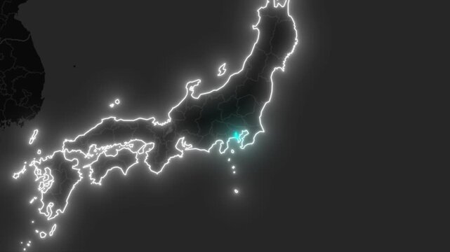 Japan Map Animation Zooming into Yokohama City on Black Map background