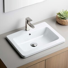 Fototapeta premium Modern Bathroom Rectangular White Ceramic Sink with Chrome Faucet, Minimalist Design ,Bathroom ,Sink