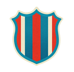 Shield emblem with vertical stripes of red, white, and blue.  Rounded, heraldic shape.  Retro, vintage style