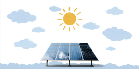 Solar panel stands under sun with clouds in clear sky showing renewable energy source for power generation in a sustainable future