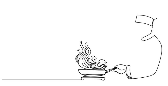 Animated continuous single line drawing of chef in kitchen preparing meal, Self-drawing of a chef preparing a dish with one line restaurant cooking delicious food in 4K.Animation of an image drawning