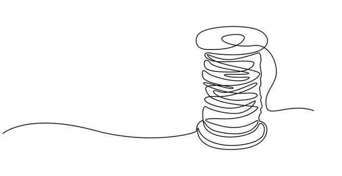 Continuous one line drawing of textile spool of thread, Animated self drawing of Continuous line drawing, one line drawing of sewing needle and thread spool, minimalist.