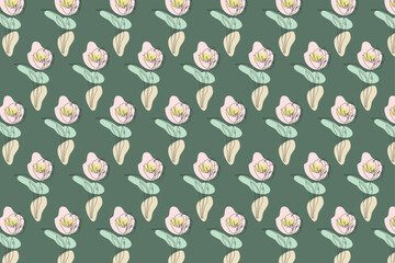 Pastel Tulip Pattern on Dark Green Background floral