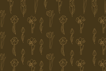 Outline Tulip Pattern on Dark Brown Background floral