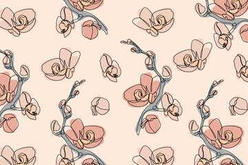Seamless Pattern of Delicate Pink Orchid Line Art flower