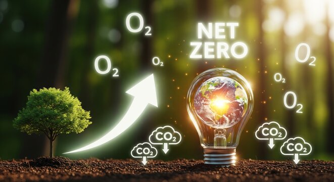 Net Zero Carbon Emissions Concept with Green Energy and Earth Light Bulb