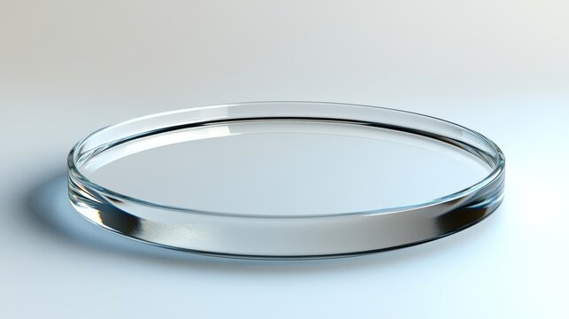 A clear glass petri dish or shallow cylindrical disk rests on a bright, reflective white surface. The minimalist design features smooth edges and clean light refraction in a studio setting.