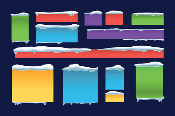 Assortment of colorful rectangular banners with realistic snow caps