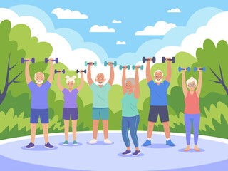 Group of diverse senior adults exercising with dumbbells outdoors in park setting for healthy lifestyle promotion active retirement community fitness program wellness initiative for older people healt