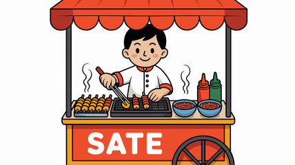 Cartoon sate vendor grilling meat skewers on cart at food stall cheerful character illustration for asian cuisine festival street food fair culinary arts advertising and creative projects promoting cu