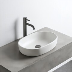 Fototapeta premium Modern Bathroom White Oval Sink with Dark Faucet on Concrete Counter, Bathroom , Sink