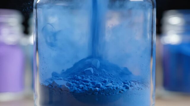 Close Up Macro Shot Of Vibrant Blue Powder Being Poured Into A Glass Jar With Other Colored Powders In Blurry Background Soft Light Creates Atmospheric Effect
