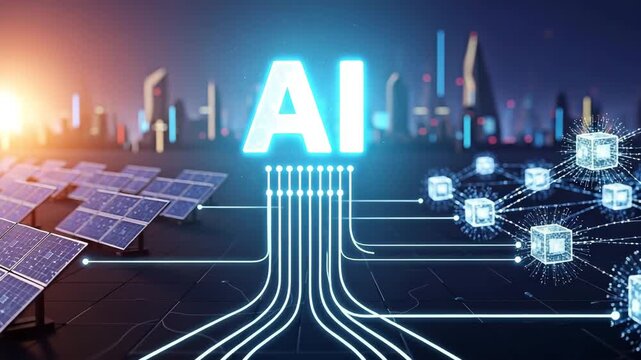 A Futuristic illustration of the integration between AI and renewable energy source for the concept of technology.