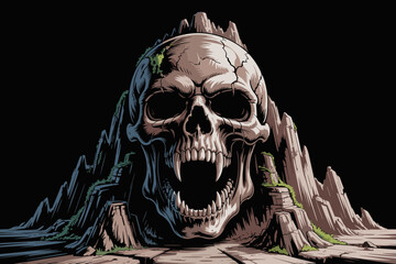 Detailed Skull Mountain Cave Entrance with Jagged Fangs Open Mouth Vector Illustration for Fantasy Game Design Horror Movie Posters Halloween Theme Park Attractions Dark Fantasy Novel Cover Art Spooky