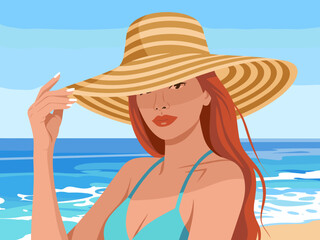 Beautiful woman with red hair wearing sun hat on beach vacation enjoying summer sun light tanned skin female beauty ocean view relaxing travel lifestyle concept for tourism advertising and tropical ho