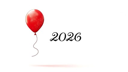 Red balloon floats left of "2026" on white. Sparkles adorn balloon, string hangs below, shadow under text