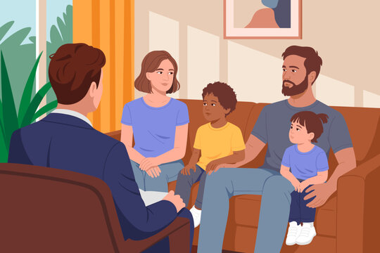 Family therapy session with diverse family consulting therapist in modern office setting promoting mental health awareness and communication skills parenting support and guidance for family wellbeing - Powered by Adobe