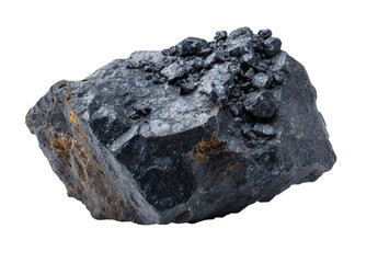 Close-up of a dark, rough, mineral specimen. Jagged edges and clusters of smaller, dark crystals are visible on the surface. Hints of metallic gold flecks are scattered across the rock