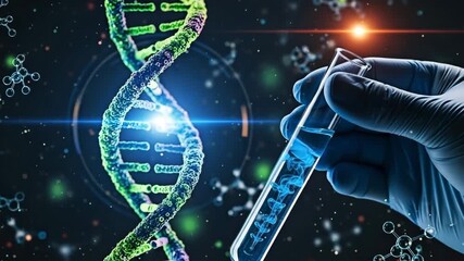 A close-up of a DNA strand and a hand holding a test tube for the concept of scientific research.