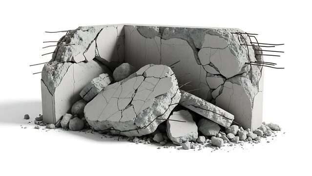 Cracked concrete wall with broken pieces.