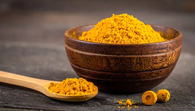 Turmeric Powder in Bowl and Spoon on Wooden Surface.