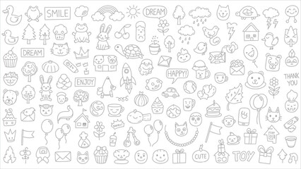 Obraz premium Cute kid scribble doodle icons set. Hand drawn childish funny simple vector illustrations