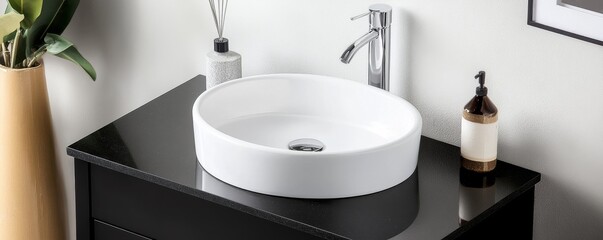 Modern White Vessel Sink on Black Vanity with Chrome Faucet, Bathroom, Interior