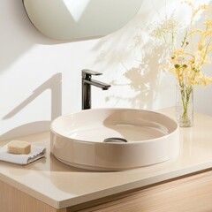 Round Beige Sink, Black Faucet and Floral Decor Bathroom Minimalism, interior , sink
