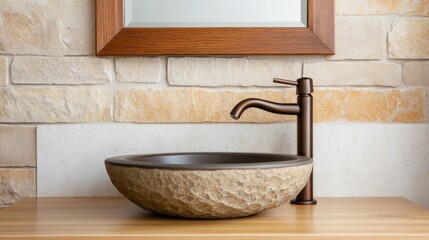 Rustic Bathroom Stone Vessel Sink, Bronze Faucet and Wood Accents ,Bathroom,Interior