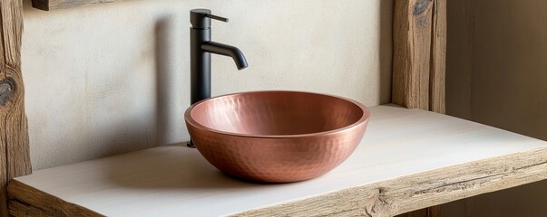 Rustic Copper Sink With Black Faucet On Wooden Vanity, Bathroom , Interior design