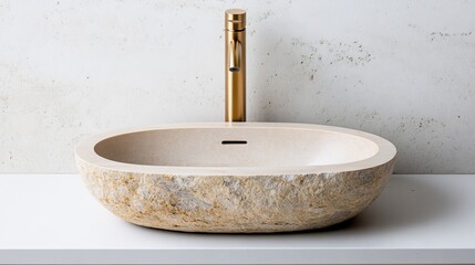 Rustic Stone Washbasin with Golden Faucet, Bathroom , Sink