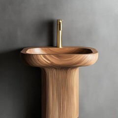 Sculpted Wooden Sink with Golden Faucet on Gray, Bathroom , Design