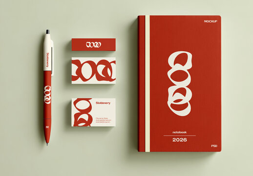 Stationery Branding Set Mockup with Notebook and Pen