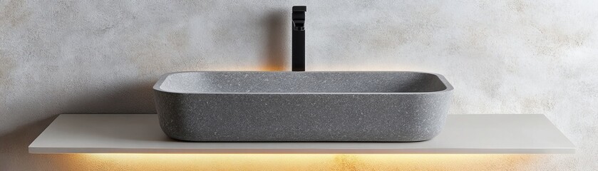 Stone Sink on Lit Shelf Minimalist Bathroom Design, bathroom ,sink