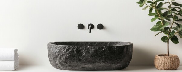 Stone Bathtub Oasis Minimalist Bathroom with Black Faucet and Green Plant, Bathroom, Interior Design