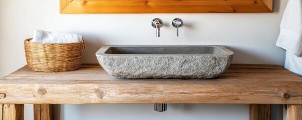 Stone Sink on Reclaimed Wood Vanity with Wicker Basket, bathroom design , rustic style