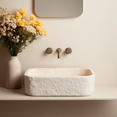 Stone Sink with Yellow Flowers and Modern Faucet - Minimalist Bathroom, bathroom design , interior styling