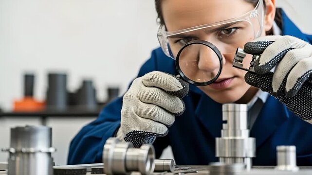 A technician using a magnifying glass to inspect parts for the concept of industry inspection and quality control.